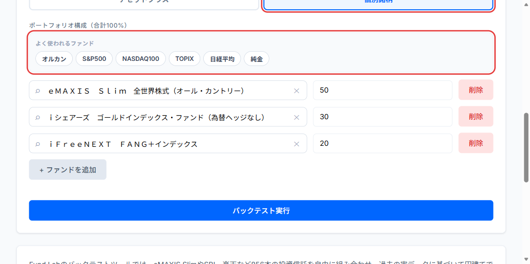 個別銘柄タブとよく使われるファンドボタン（赤枠）